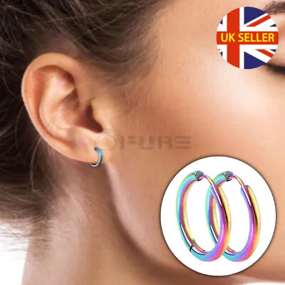 8mm Rainbow Unisex Titanium Steel Cartilage Hinged Huggie Helix Hoop Earrings • £3.49