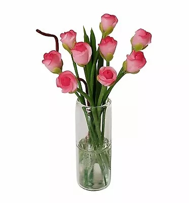  Miniature Dollhouse Pink Roses Flowers  In A Clear Vase 1:12 Scale New • $9.95