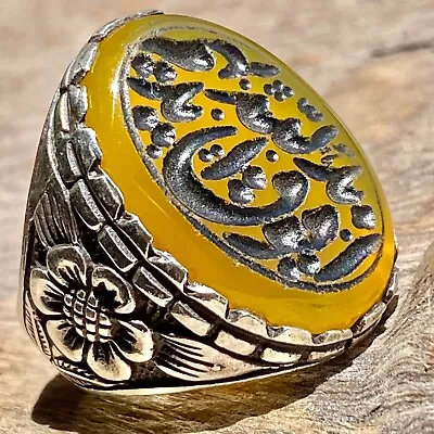 Engrave 925 Sterling Silver Men Ring Natural Sharf Alshams Agate Aqeeq شرف الشمس • $75