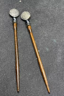 Antique Vintage Asian Oriental Silver Coin Wood Hair Chopsticks • $90