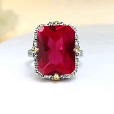 New Luxury Women Jewelry 16mm Rectangle Red Corundum Gemstone Charm Silver Ring • $13.98