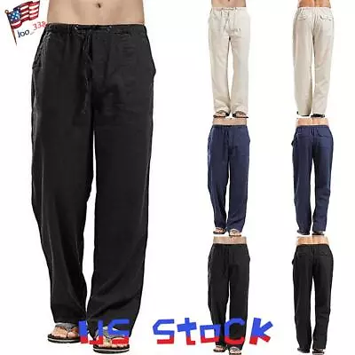 Mens Baggy Tracksuit Bottoms Joggers Straight Leg Linen Pants Loose Trousers US • $21.39