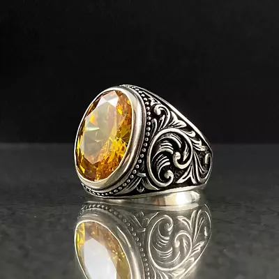 Solid 925 Sterling Silver Yellow Citrine Zircon Gemstone Huge Mens Unisex Ring • $61.80