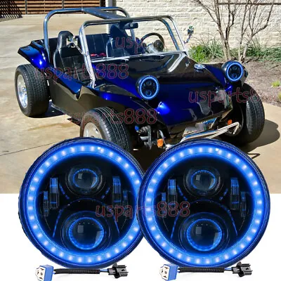 2x Fit VW Dune Buggy/Rail Buggy 7''Round LED Headlights Hi/Lo Beam Blue HALO DRL • $51.11