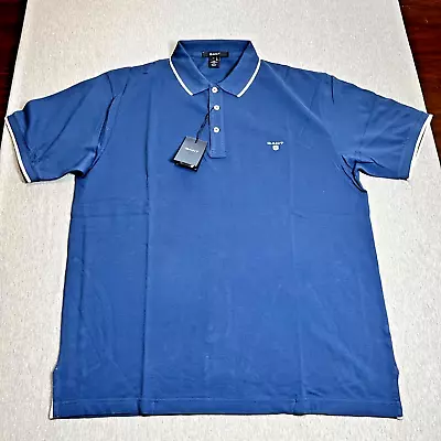 Gant Shirt Mens XL Blue Polo Short Sleeve Shirt Stretch Logo Casual Flaw NEW • $24.99