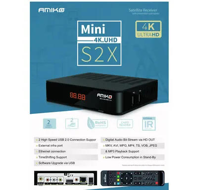 Amiko Mini 4K UHD S2X H.265 HEVC FTA Receiver STB 2X USB Port NTP DVB-S2X USALS • $85