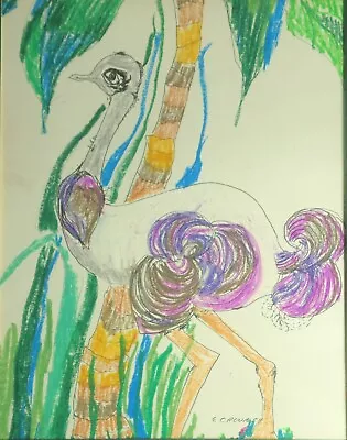 1980s Crayon Pencil Drawing Ostrich Outsider Memphis Milano • $85