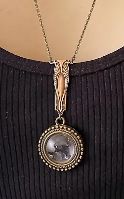 Vintage Necklace Long Art Nouveau Magnifying Lens Pendant Art Nouveau Jewelry • $28