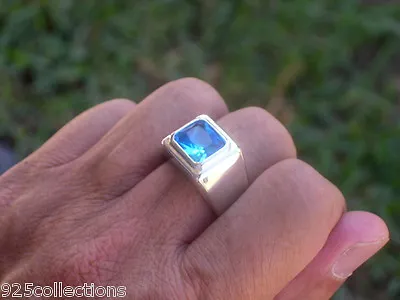 11X9 Mm March Aqua Marine Birthstone Men Solitaire Rhodium Ring Size 7-15 • $30.99