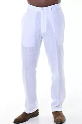 Bohio Linen-Cotton White Flat-Front Summer Casual Beach Dress Pants  - MLP50 • $39.99