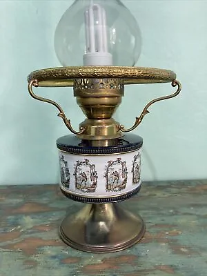£30 • Buy Antique Victorian Enamelled Brass Oil Lamp Electric Table Lamp & Flute 51cm Tall