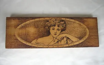 Folk Art Flemish Pyrography Victorian Girl Burnt Wood Box 13.5  Antique • $38.38