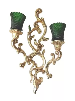 Vintage Sconce Gold Green Glass Votive Hollywood Regency Wall Candle Holder 17  • $75