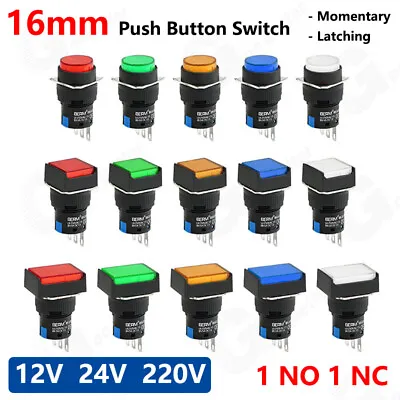 16mm Push Button Switch LED Momentary Latching ON/OFF 1 NO 1 NC 5A 12V 24V 220V • £8.44