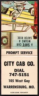 Vintage Full Matchbook CITY CAB CO Warrensburg MO A Safe Car Means A Safer Ride • $4.79