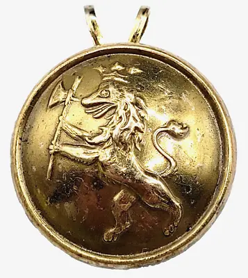 Late 19th Century Button Pendant LION Crown Axe Crest Coat Of Arms Gold Tone • $39.95