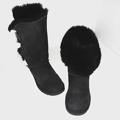 Ugg Bailey Boots Triplet Button Black Womens Sz 7 Leather Suede Sheepskin #1873 • $39.99