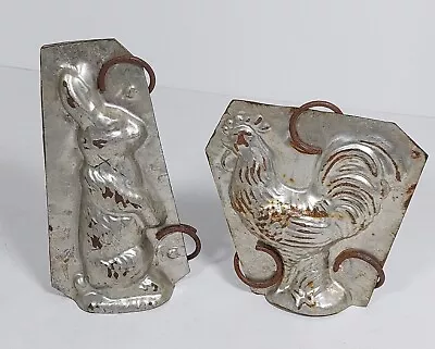 Vintage Chocolate Candy Mold Rooster & Rabbit Easter Bunny Tin 5in. • $100