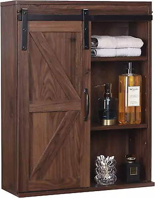 Farmhouse Wood Wall Storage Bathroom Cabinet With Sliding Barn Door Rustic Medi • $114.99