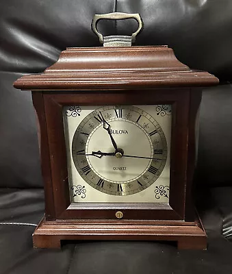 Vintage Bulova Quartz Wooden Mantel Clock Works Great! Hidden Back Compartment • $24.99