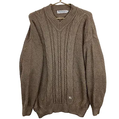 Vintage Burberry Wool Cable Knit V-Neck Sweater Size 40 Brown Made England • $84.99