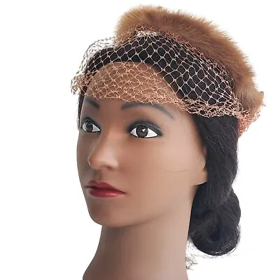 Pillbox Hat 1940s 50s Crochet Net Mink Fur Brown Satin Bow • $17.67