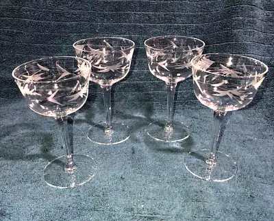 VTG '50's MCM Lot Of 4 Abstract Wheat Hand Cut Crystal Port Wine Stemware • $40