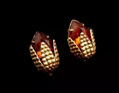 Vintage WEST GERMANY Amber Glass Corn Husk Earrings Gold Tone • $34