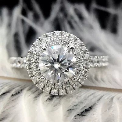 1.98 TCW Round DVVS1 Moissanite Halo Engagement Ring In 14k White Gold Plated • $132.24