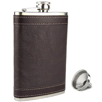 8oz Hip Flask Brown Leather Effect High Quality Stainless Steel With Funnel • £6.99