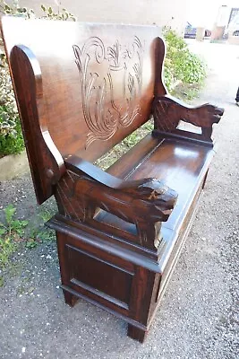 Quality Antique Vintage Carved Oak Monks Bench Settle Storage Chest Hinged Top • £345