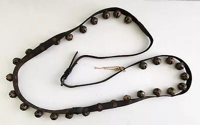 Antique 29 SLEIGH BELLS On LEATHER STRAP Horse Collar Old AMISH Lancaster Pa • $275