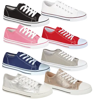 Ladies Girls Lace Up Fashion Canvas Casual Pumps Flat Various Colours 3-8 • £11.99