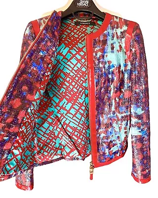 Versace Runway Couture Patent Jacket Pristine Spectacular Red Blue Turquoise • $635