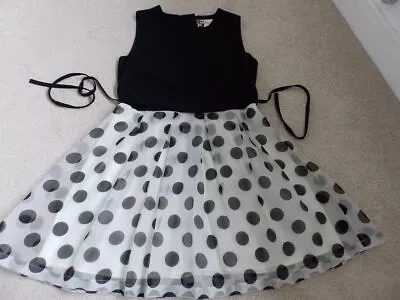 Boutique By Jaeger Sz 12 Black Ivory Polka Dot Short Silk Dress Fit Flare Party • £20