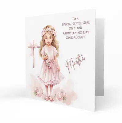 Personalised Christening Card For Girls Baptism Cute Little Girl With Cross • £3.79
