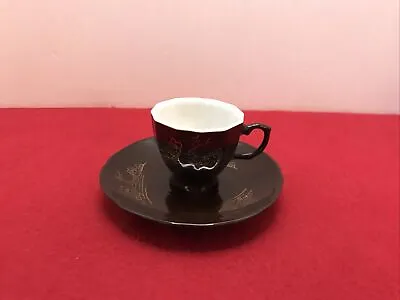 Miniature Chinese Tea Cup And Saucer Black  Gold & White • $14