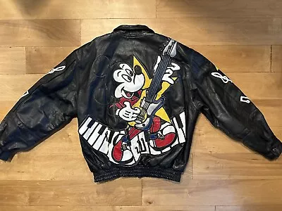 VTG 90s EXTREMELY RARE CUSTOM MICKEY MOUSE DISNEY BLACK LEATHER JACKET SIZE XL • $999