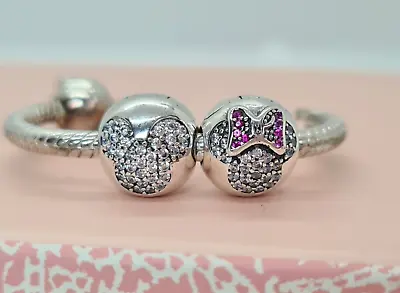 Two Authentic Pandora Disney Mickey Mouse And Minnie Mouse Pave Clips 2 Charms • $42.99