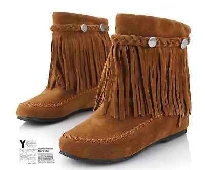 Womens Moccasins Mid Calf Boots Shoes Fringe Tassel Suede Ankle Boots  • $24.40