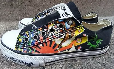 Ed Hardy Aviator Skull Sunrise Black Orange Pull On Sneakers Women's Size 5 • $99.99