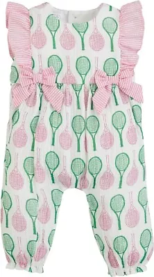 New Mud Pie Baby Girl  9-12 Months TENNIS PRINT LONGALL Pink Green One Piece Gif • $33