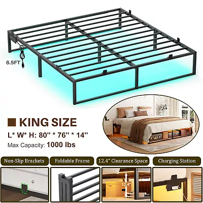 Homieasy King Size Metal Bed Frame Platform Folding W/LED＆Charging Station Black • $119.99