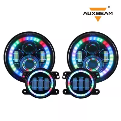 AUXBEAM 7'' RGB Muti-Color LED Headlights Fog Lights For Jeep Wrangler JK 07-17 • $169.98
