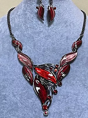 Designer Inspired Multi Red Epoxy Coating Crystal V Shape Necklace Earring • $19.99