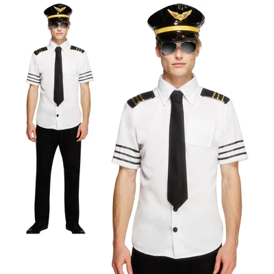 £42.49 • Buy Airline Pilot Captain Costume Shirt Tie & Hat Fancy Dress Outfit Adults