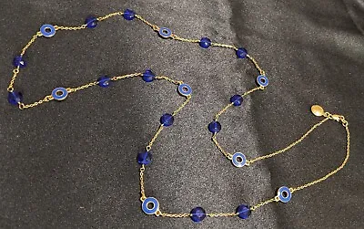 Vintage J.Crew Chain Necklace Gold Tone With Cobalt Blue Glass And Blue Enamel • $14.99