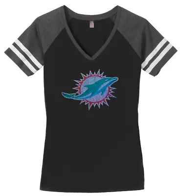 Women's Miami Dolphins Football Ladies Bling V-neck Shirt Size S-3XL • $29.74