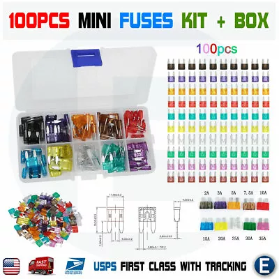 100pcs 10 Values Car Mini Blade Fuses Kit 2A 3A 5A 7.5A 10A 15A 20A 25A 30A 35A • $2.41