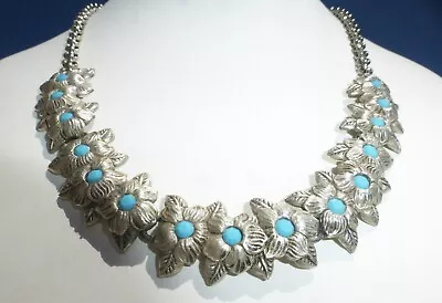 Stunning Sterling Silver Classic Blue Turquoise Beaded Flower Necklace Great On • £29.84